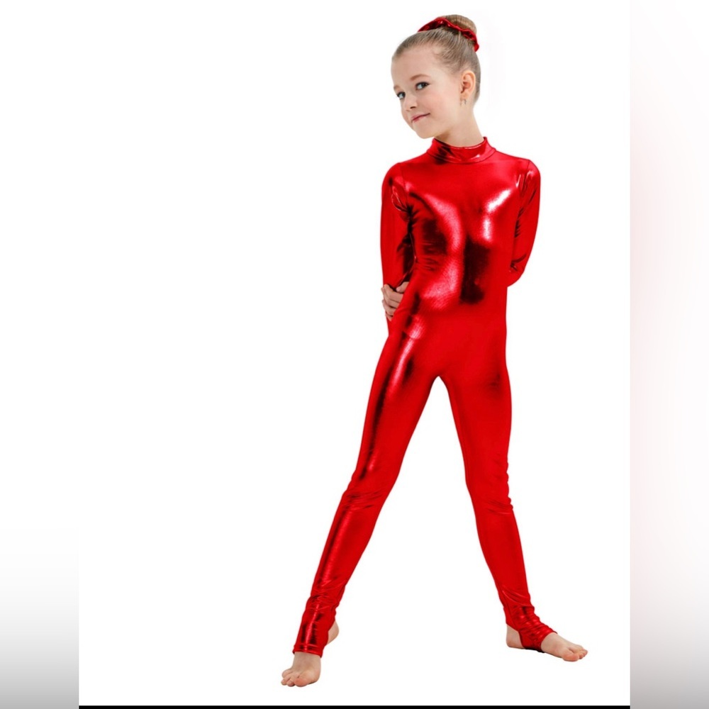 KEPBLOM Girls Shiny Red Metallic Unitard one piece bodysuit Med